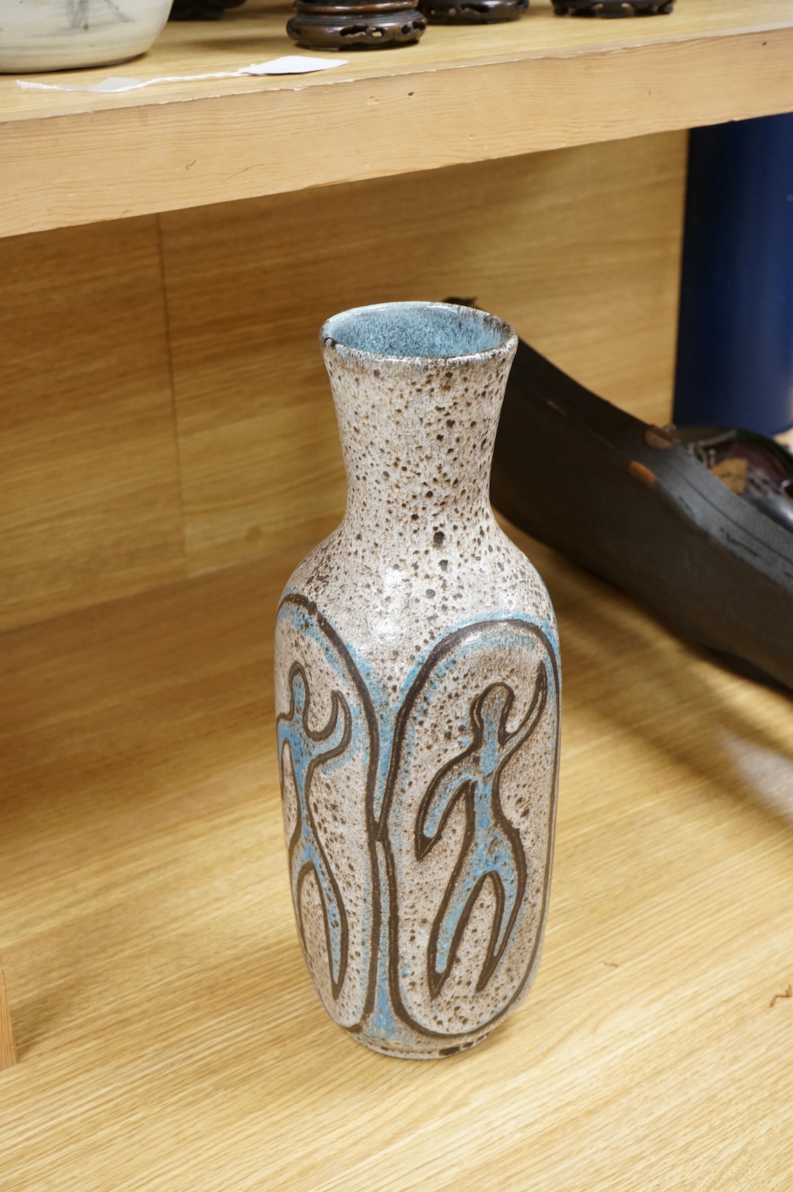 A mid century French Accolay pottery vase decorated with dancing figures, 37.5cm